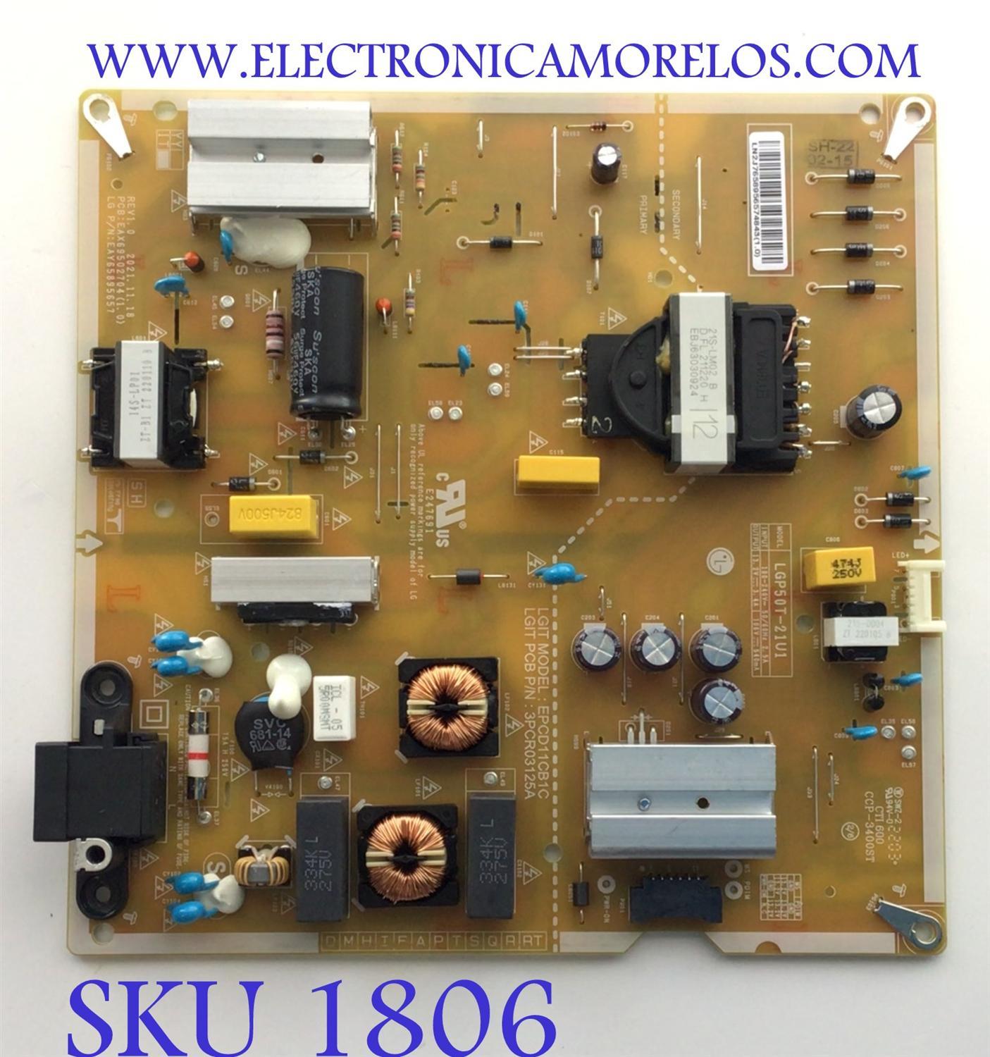 FUENTE DE PODER PARA TV LG ORIGINAL / NUMERO DE PARTE EAY65895657 / EAX69502704 / 65895657 / LGP50T-21U1 / EPCD11CB1C / 3PCR03125A / EAX69502704(1.0) / PANEL NC500TQG / DISPLAY PT500GT02-5 / V500DJ7-QE1 REV.C9 / MODELOS 50UQ8000AUB / 50UQ7070ZUE